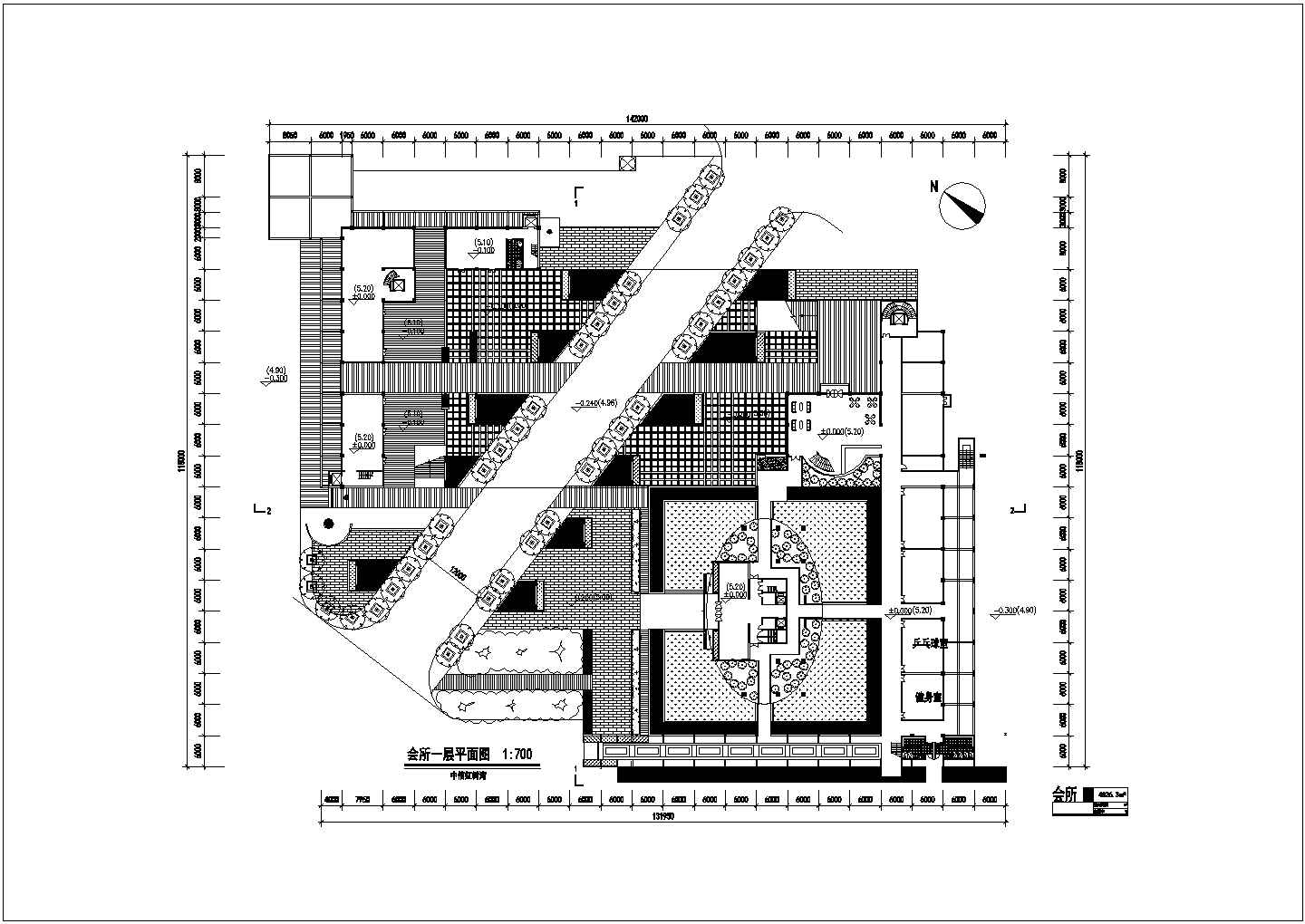 2450平米2层框架结构现代化休闲会所平立剖面设计CAD图纸