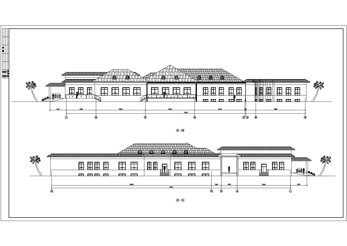 2740平米单层框架结构民宿酒店平立剖面设计CAD图纸（含地下室）