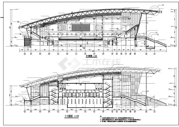 南京理工大学3层钢框架结构体育活动中心立剖面设计CAD图纸-图一