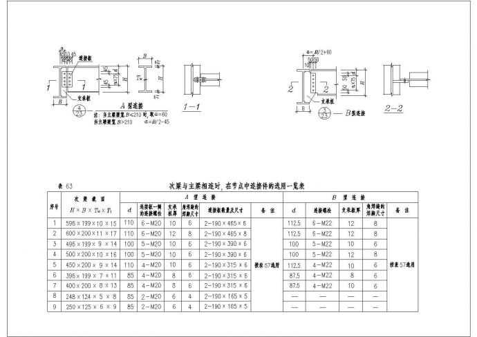 某次粱与主粱相连时在节点中连接件的选用一览表CAD设计图_图1