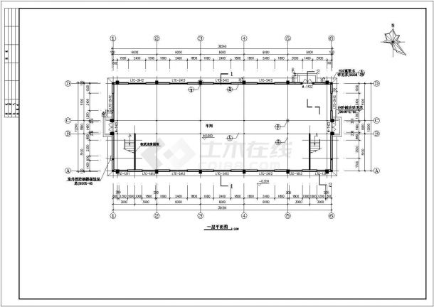 邯郸市某工厂950平米2层框架结构生产厂房建筑设计CAD图纸-图一