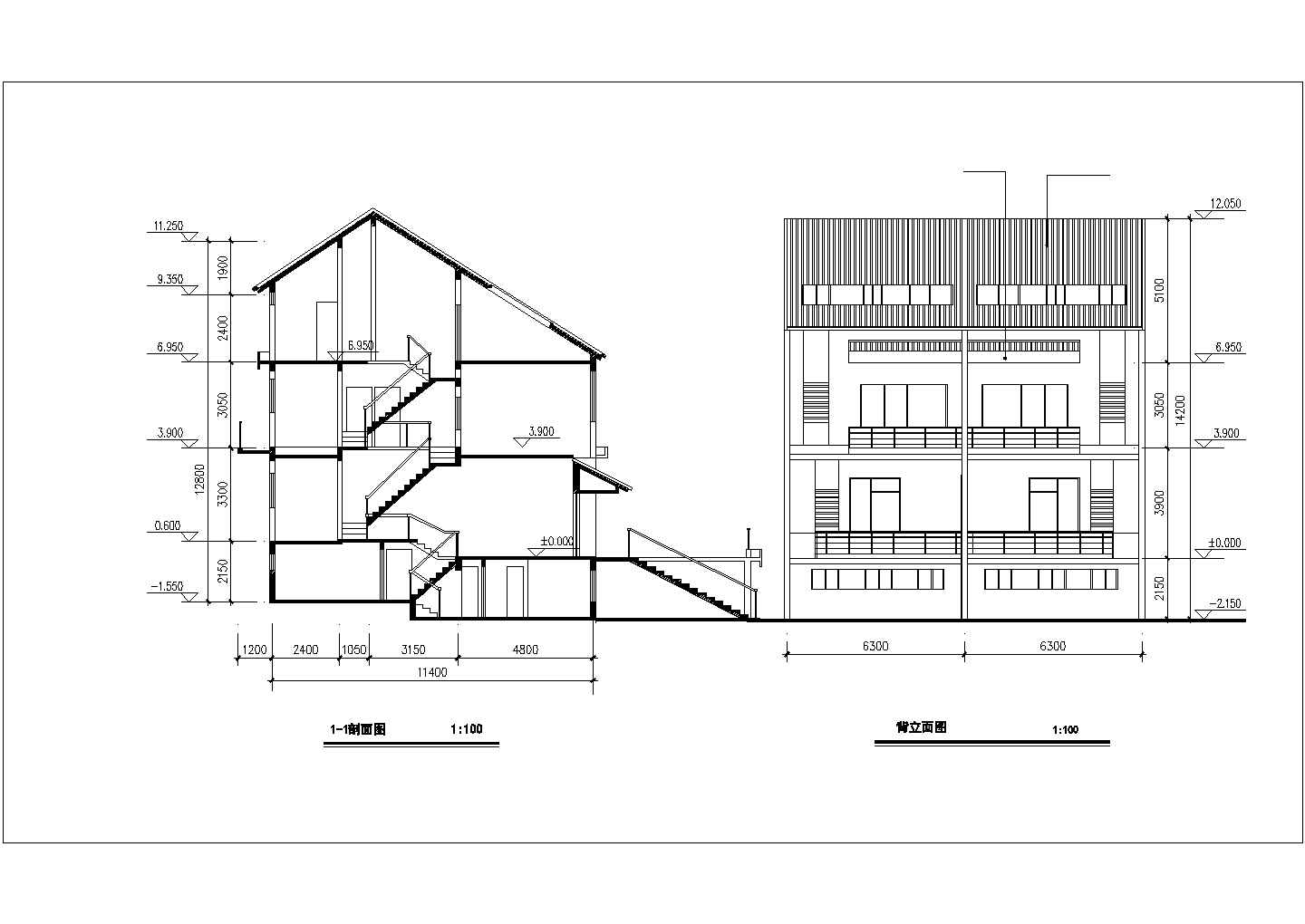 180平米2层混合结构双拼别墅平立剖面设计CAD图纸（含地下层）