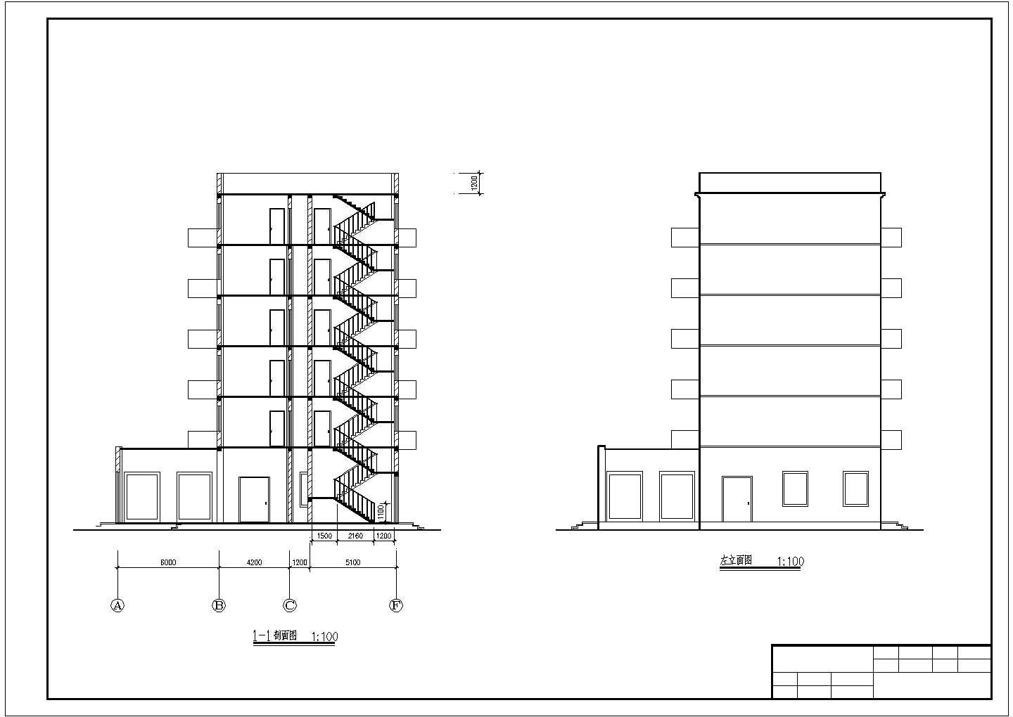 某3463平米六层临街商住楼楼梯坡面左立面CAD构造完整设计图