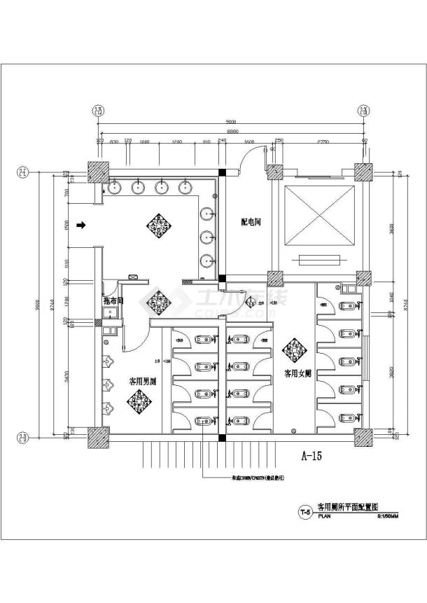 某商场卫生间装修设计全套cad图 内容包括: 客用厕所天花图,立面图,客