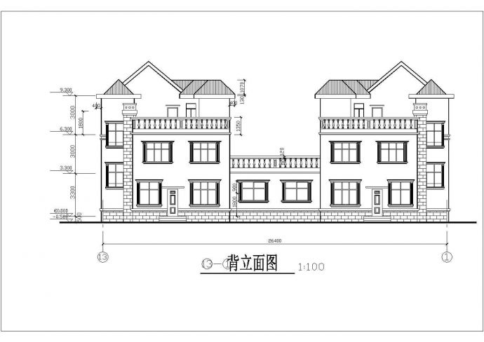 某大型3层框架结构两户并联式高档别墅平立剖面设计CAD图纸_图1