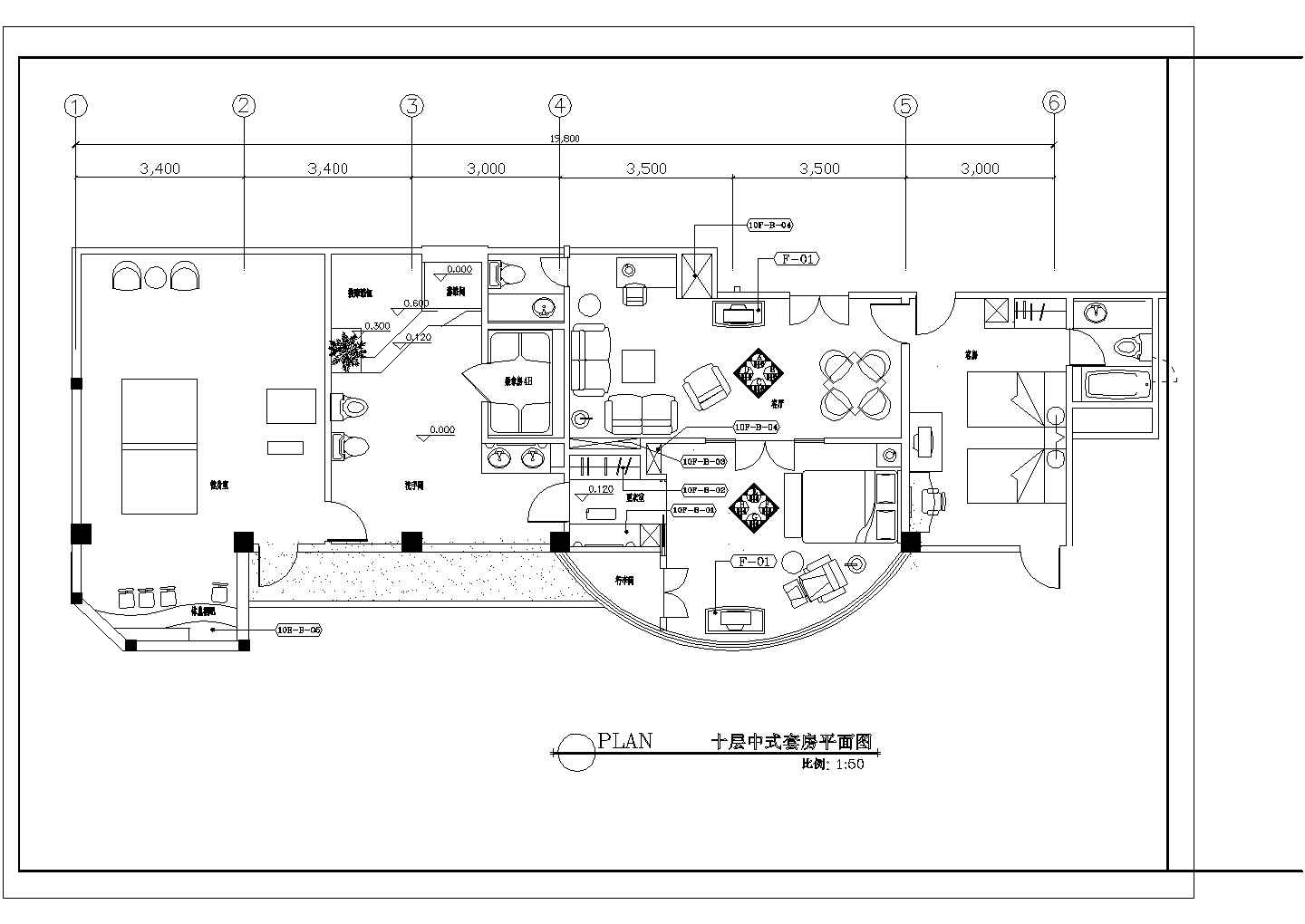某十层中式套房CAD详细完整构造平面图