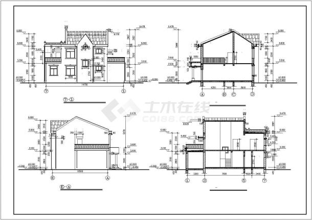 南通市某村镇264平米2层框架结构单体乡村别墅平立剖面设计CAD图纸-图二