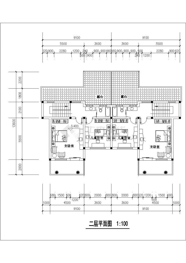 湘潭市某村镇2层砖混结构双拼别墅平立面设计CAD图纸（每户143平米）-图二