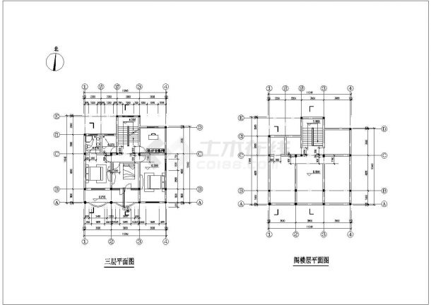 385平米3层框混结构自建农村别墅楼建筑设计CAD图纸（含阁楼层）-图一