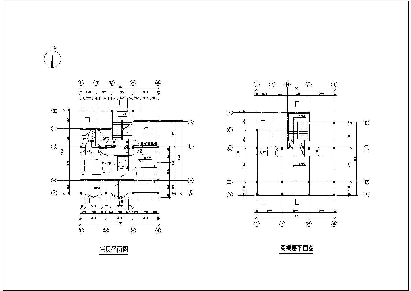 385平米3层框混结构自建农村别墅楼建筑设计CAD图纸（含阁楼层）