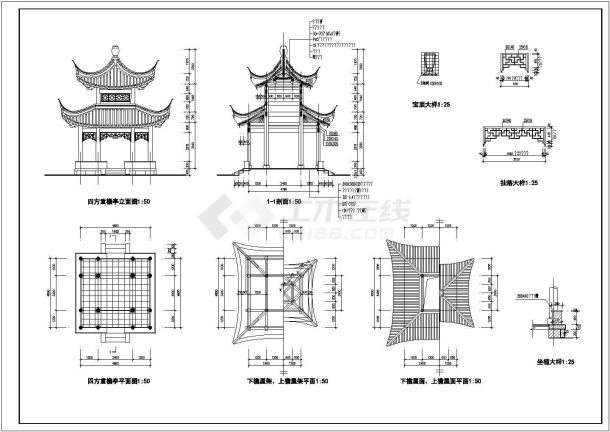 某四方重檐亭CAD建筑设计构造图纸-图一