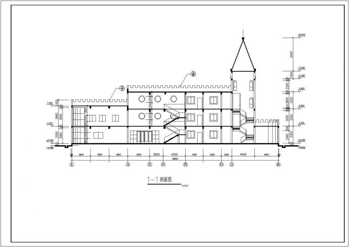 潍坊市某现代小区2150平3层框架结构艺术幼儿园平立剖面设计CAD图纸_图1