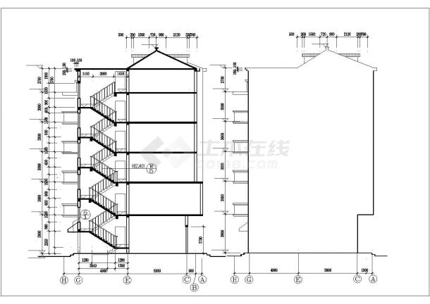 1400平米6层砖混结构住宅楼平立剖面设计CAD图纸（1层2户/底层商用）-图二