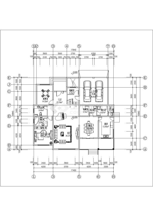 锦州某村镇415平米2层混合结构独院式别墅平面设计CAD图纸-图二