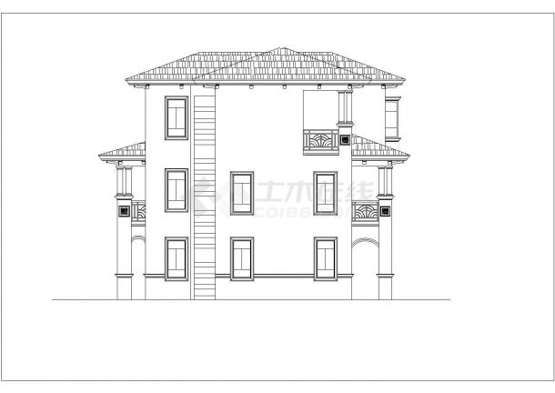 阜阳市某村镇355平米3层砖混结构独立别墅立面设计CAD图纸-图二