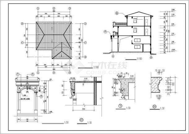 388平米3层砖混结构单体乡村别墅建筑设计CAD图纸（含夹层）-图二