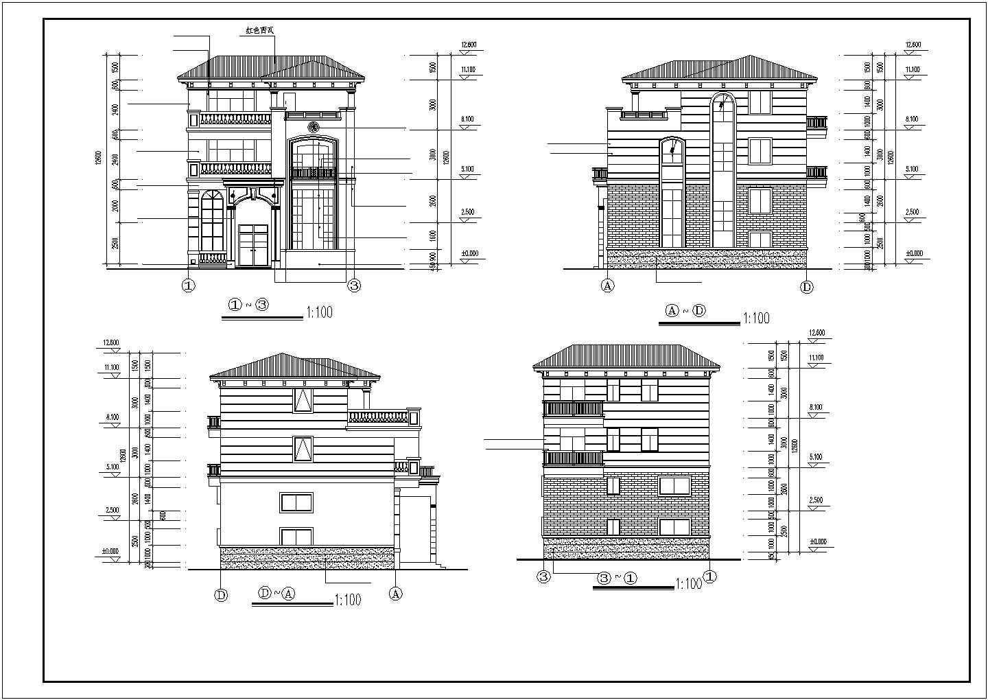 388平米3层砖混结构单体乡村别墅建筑设计CAD图纸（含夹层）