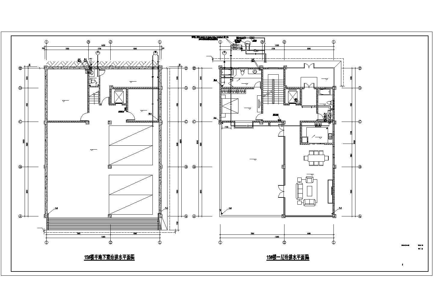 316平米2层砖混结构单体别墅平面给排水设计CAD图纸（含半地下室）