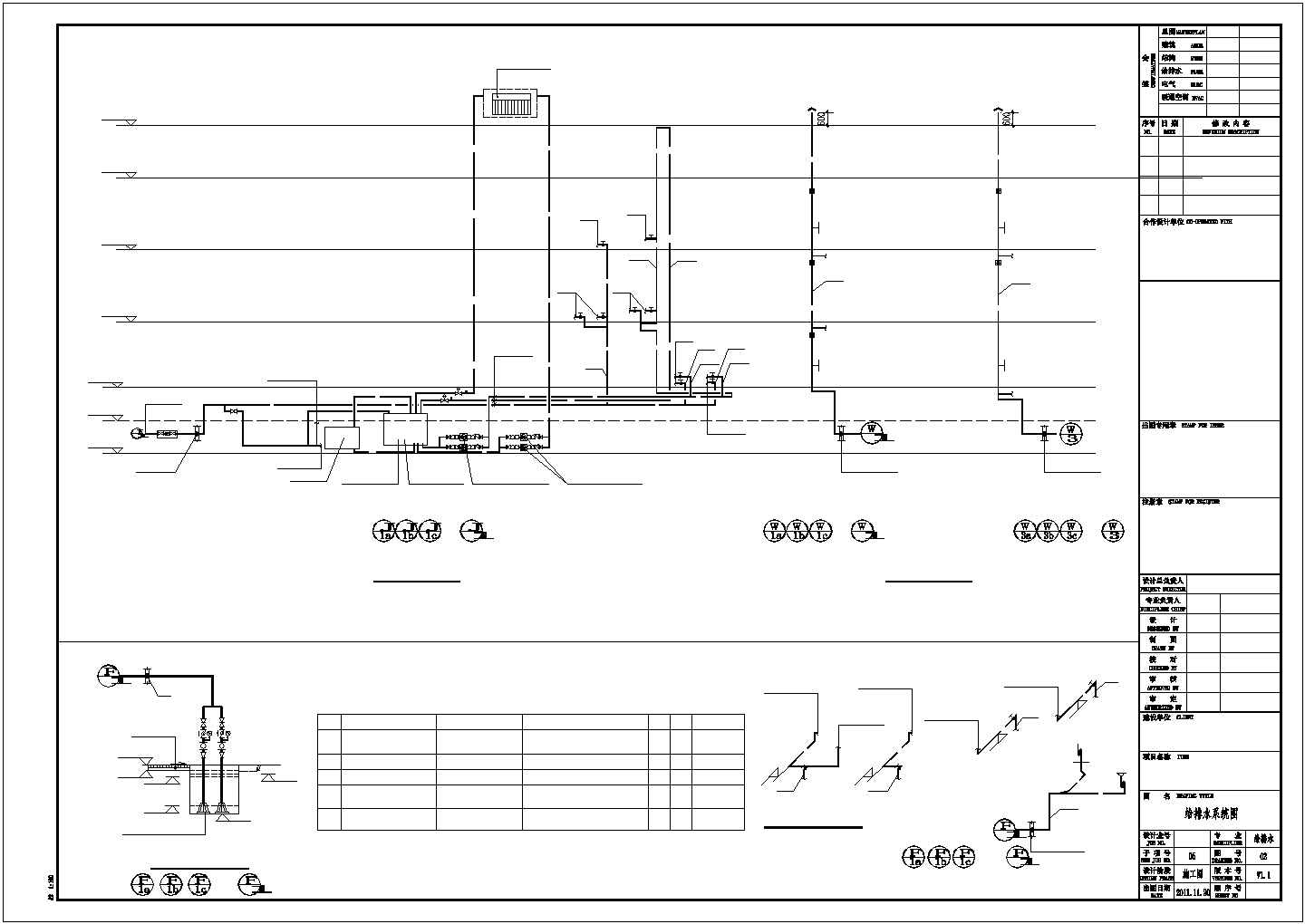 3层框架四户并联式别墅平面给排水设计CAD图纸（含地下室/每户410平米）