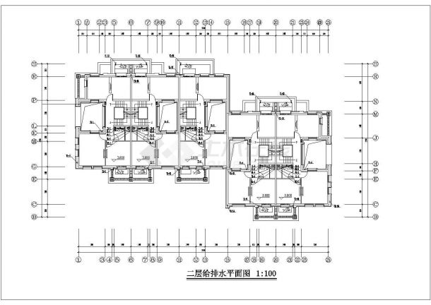 三层框架结构五户联排别墅平面给排水设计CAD图纸（2套方案）-图一