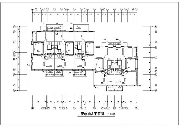三层框架结构五户联排别墅平面给排水设计CAD图纸（2套方案）_图1