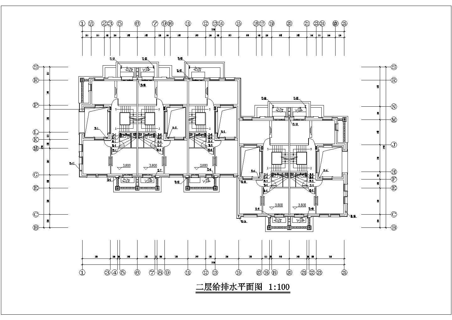 三层框架结构五户联排别墅平面给排水设计CAD图纸（2套方案）