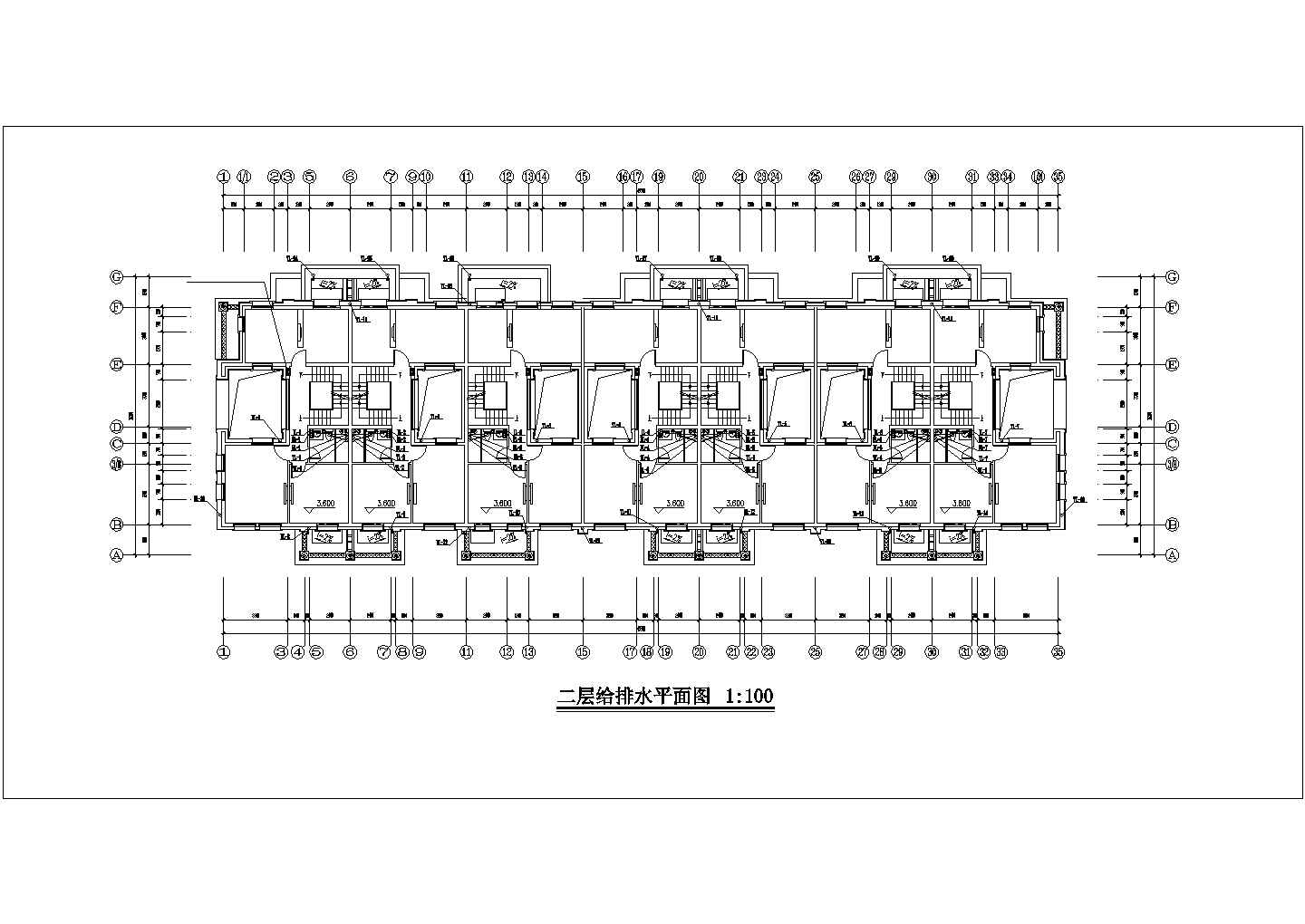 3100平米三层框架结构七户并联式别墅平面给排水设计CAD图纸