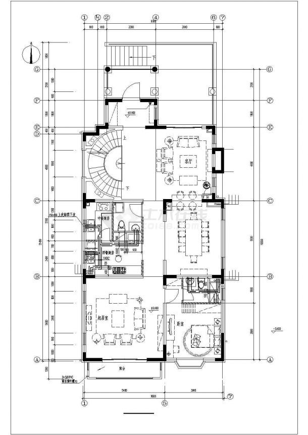 435平米2层框架结构单体别墅平面给排水设计CAD图纸（含地下室）-图一