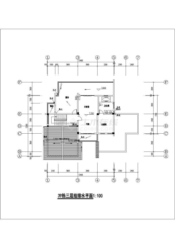 378平米3层框架结构独栋别墅平面给排水设计CAD图纸-图二