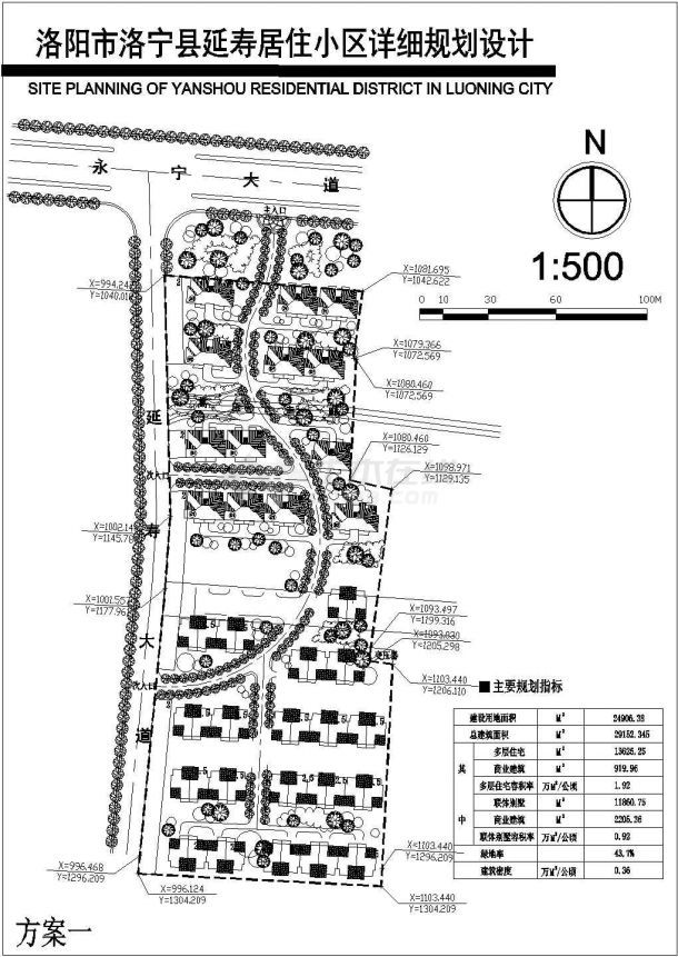洛阳市洛宁县延寿居住小区详细规划设计cad总平面方案图（含规划指标，含2套方案设计）-图一