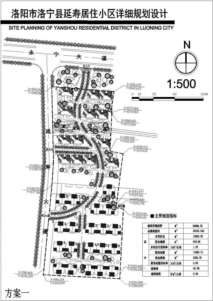 洛阳市洛宁县延寿居住小区详细规划设计cad总平面方案图（含规划指标，含2套方案设计）_图1