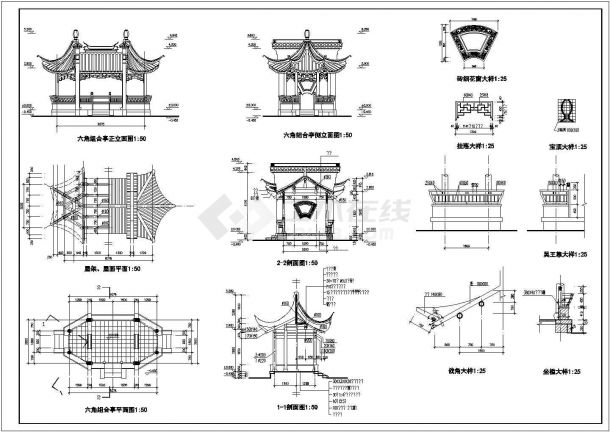 某古式亭子CAD平立剖构造全套图-图二