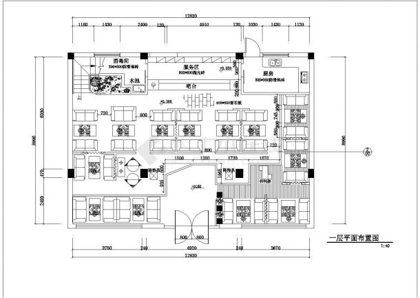  Decoration plan of the second floor Sunshine Coffee Bar with a length of 12.82m and a width of 8.99m - Figure 1
