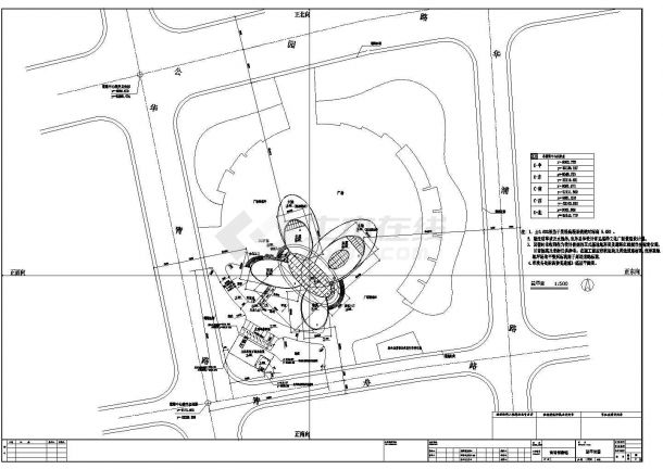 某长90米 宽90米 不规则四叶草型3层博物馆CAD设计施工图总平面图-图一