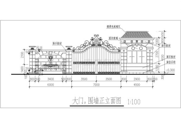 某厂区大门围墙建筑设计CAD图-图二