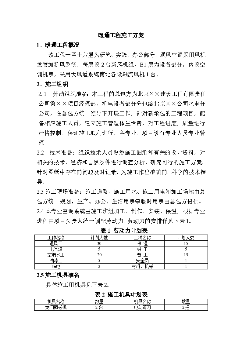 某地办公楼暖通工程施工组织设计方案