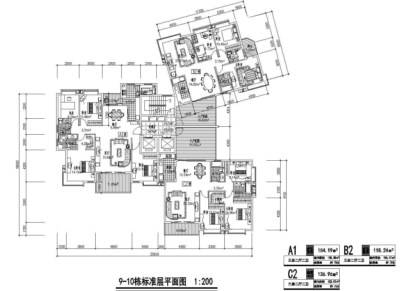 T型户型图纸_cad设计：长沙亚华花园9,10栋