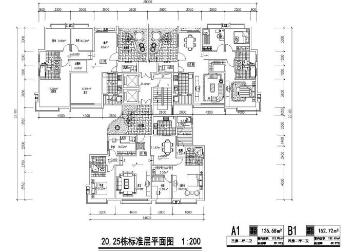T型户型图纸_cad设计：长沙亚华花园20,25栋._图1