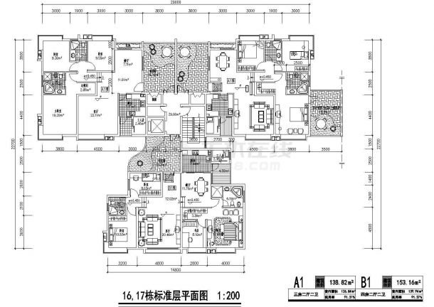 T型户型图纸_cad设计：长沙亚华花园16,17栋-图一