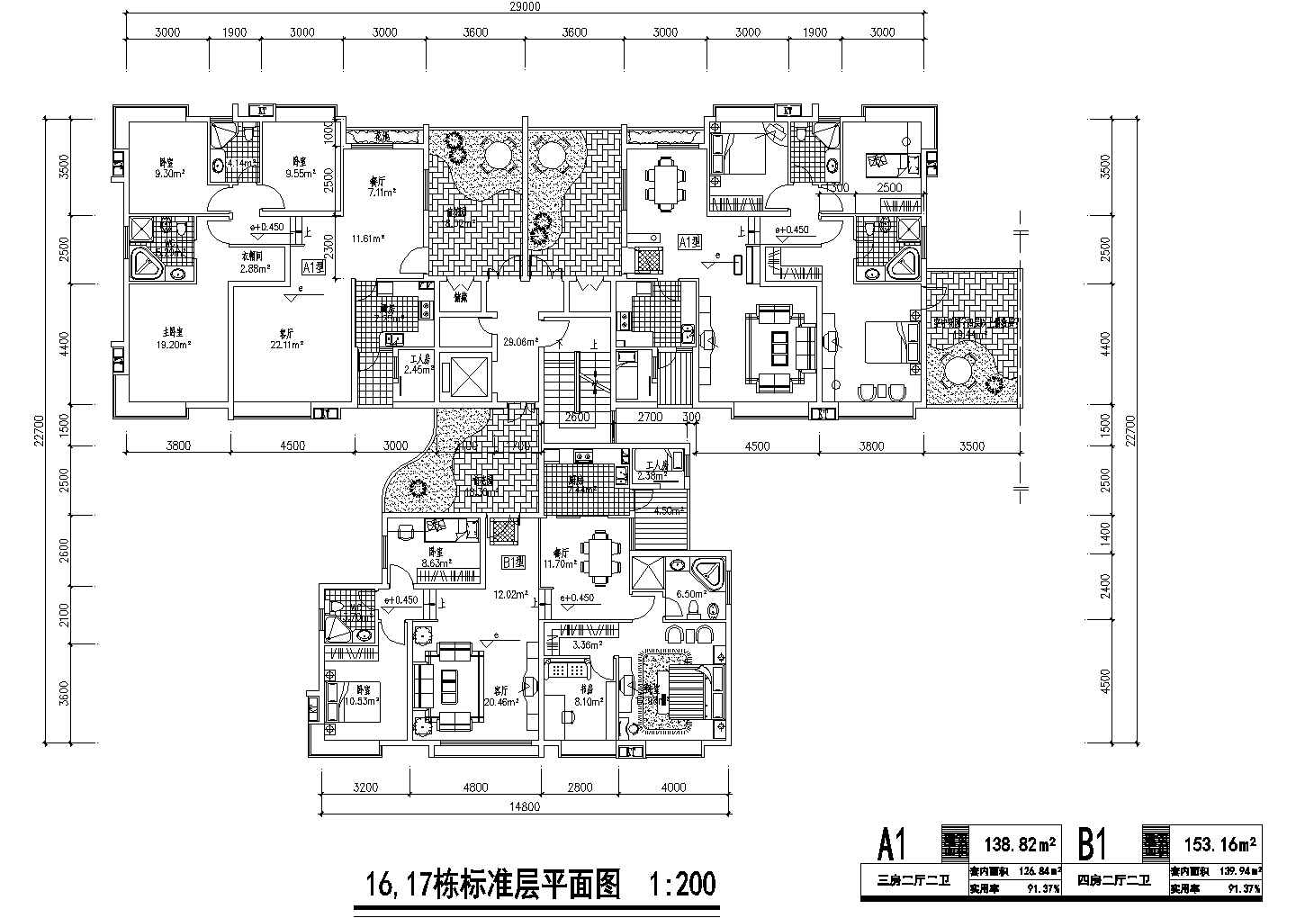 T型户型图纸_cad设计：长沙亚华花园16,17栋