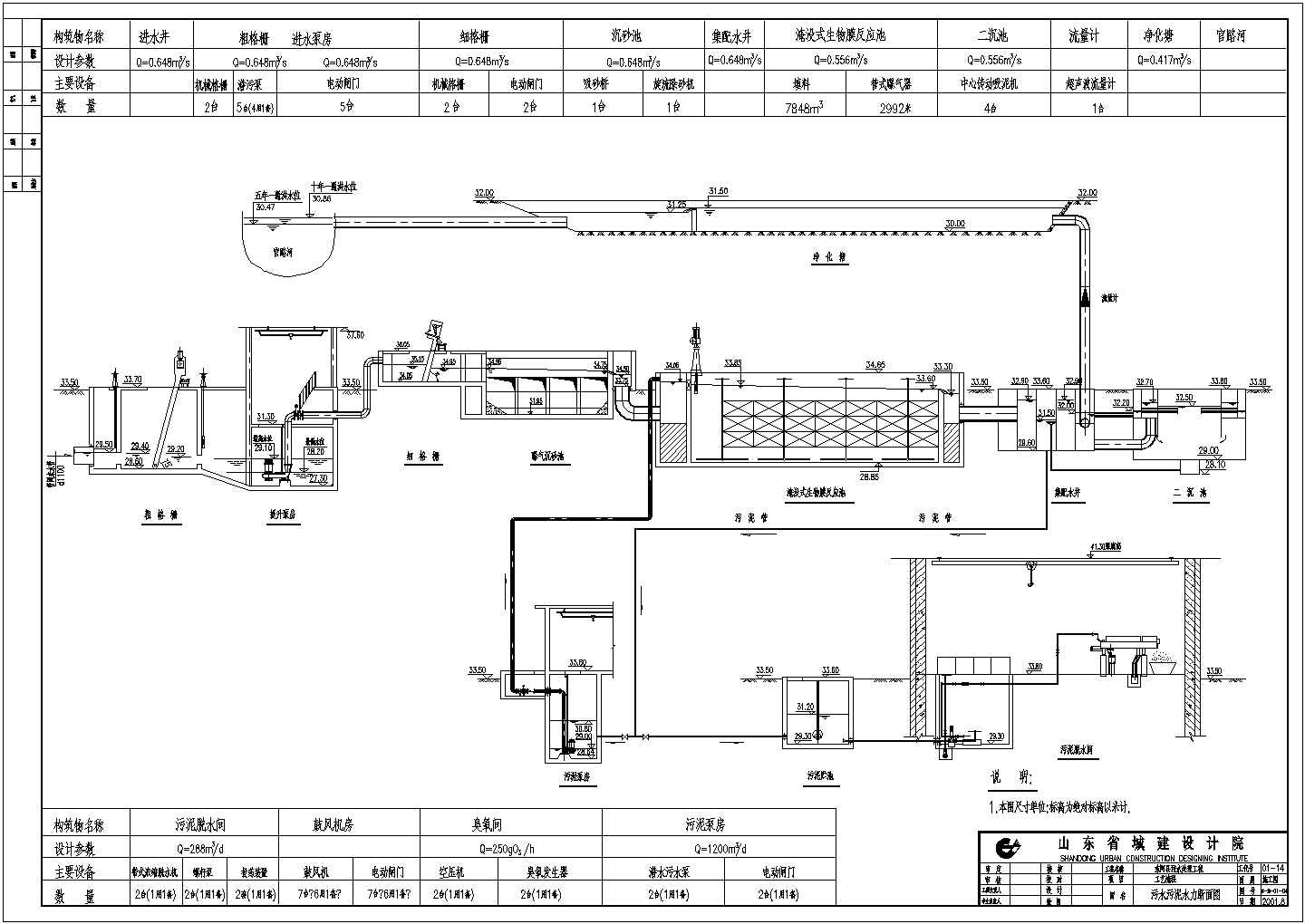某污水厂CAD给排水构造设计施工图工艺流程图