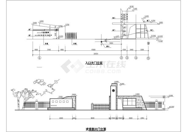 某市武装部大门值班室全套建筑设计cad图纸（含武装部大门立面图）-图一