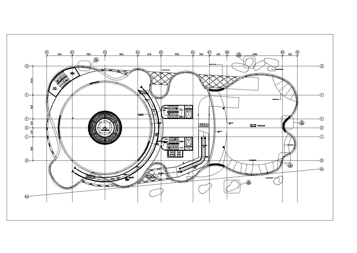 某8197平米展览建筑CAD展馆工程项目方案设计坡道夹层防火分区示意图
