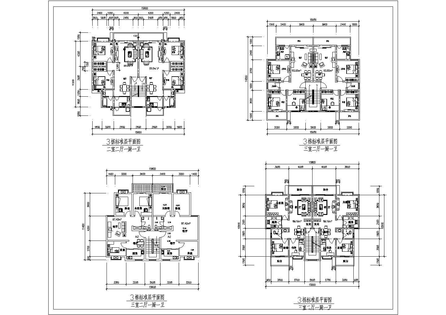 某高档小区小高层建筑三室两厅单厨单卫户型施工CAD图纸