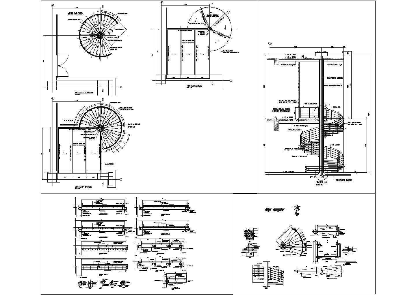 某工程钢结构圆形楼梯详细cad设计施工图纸（全英文标注）