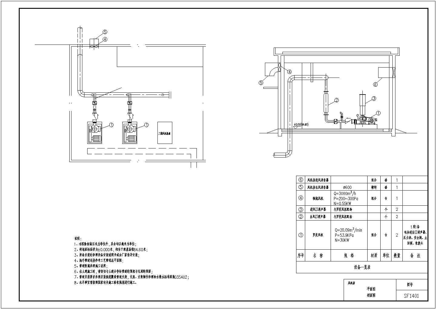 某工业污水处理全套设计风机房CAD节点详细设计图