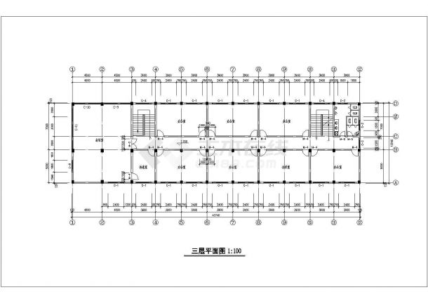 长43.74米宽12米3层化工公司厂区办公楼建筑施工图纸（标注明细）-图一