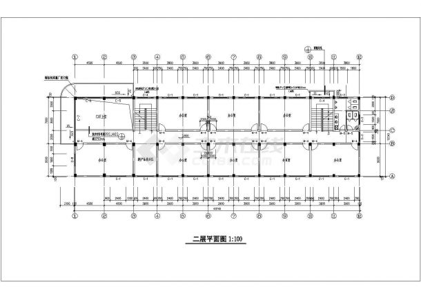 长43.74米宽12米3层化工公司厂区办公楼建筑施工图纸（标注明细）-图二