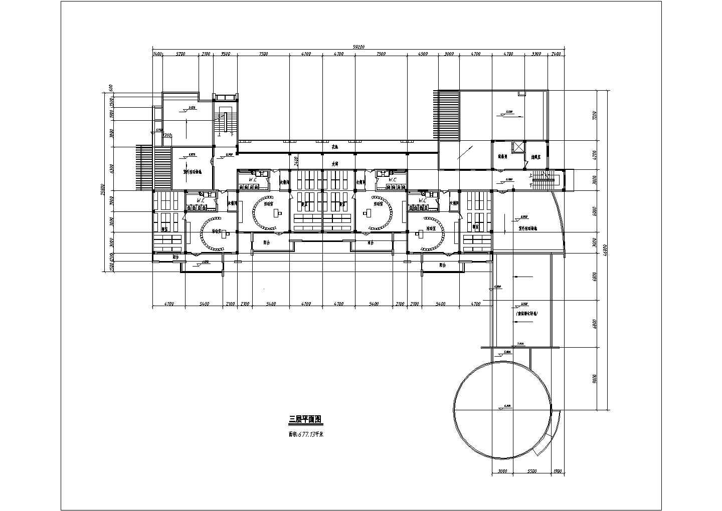 2760平米三层框架结构现代化幼儿园平面设计CAD图纸