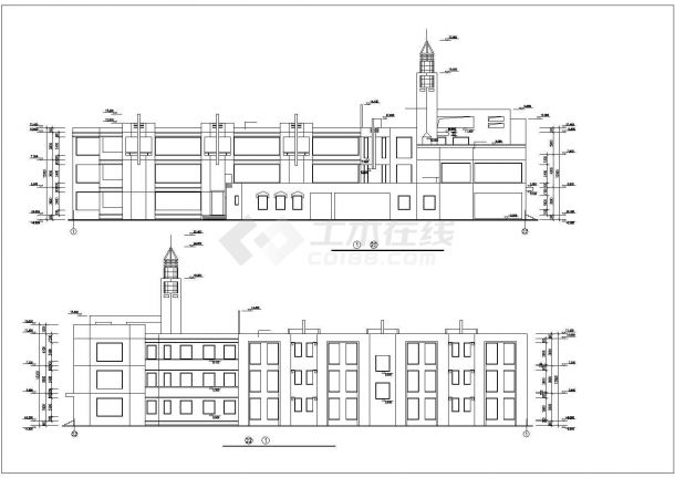 天津市某小区3层框架结构现代化幼儿园平立剖面设计CAD图纸-图二
